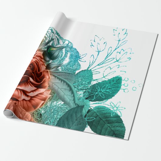 Koraal en Turquoise Floral Cadeaupapier (Uitgerold)