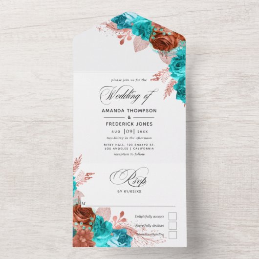 Koraal en Turquoise Waterverf Floral Wedding All  All In One Uitnodiging (Binnen)