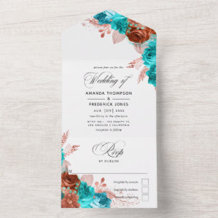 Koraal en Turquoise Waterverf Floral Wedding All  In One Uitnodiging