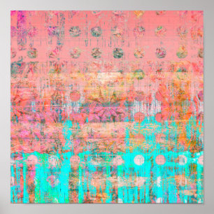Koraal en Turquoise Weathered Polka Dot Paint Poster