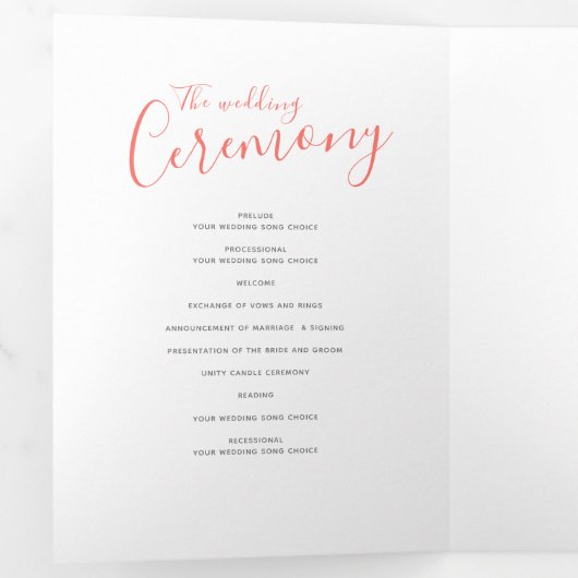 Koraal en wit abstracte kunst bruiloft ceremonie drieluik programma (Binnenzijde eerst)