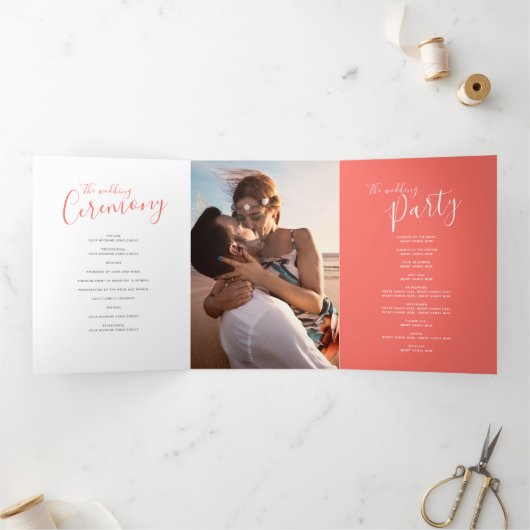 Koraal en wit abstracte kunst bruiloft ceremonie drieluik programma (Binnen)