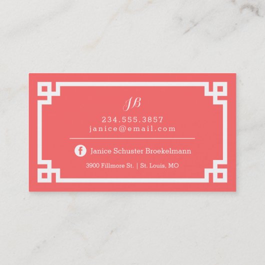 Koraal en wit Chique Griekse Key Border Visitekaartje (Achterkant)