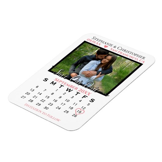 Koraal en wit fotokalender sparen Onze datum bruil Magneet (Linkerzijde)