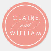 Koraal en wit gepersonaliseerd huwelijk ronde sticker (Voorkant)