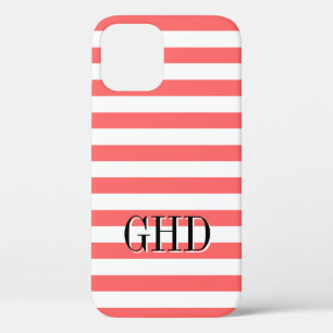 Koraal en wit gestreept monogram iPhone 12 hoesje