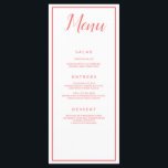 Koraal en Wit Klassiek Menu<br><div class="desc">Een koraal en wit klassiek menu,  deze bruiloft receptie menu beschikt over een mooie witte achtergrond met een koraal lettertype. Met "Menu" bovenaan geschreven met behulp van cursief koraal lettertype,  al uw informatie is afgedrukt in koraal elegante lettertype op een witte achtergrond. Pas aan zoals u kiest.</div>