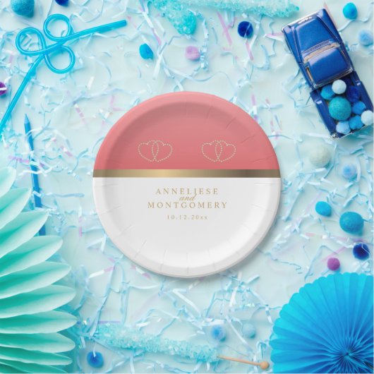 Koraal en wit met gouden harten papieren bordje (Feest)