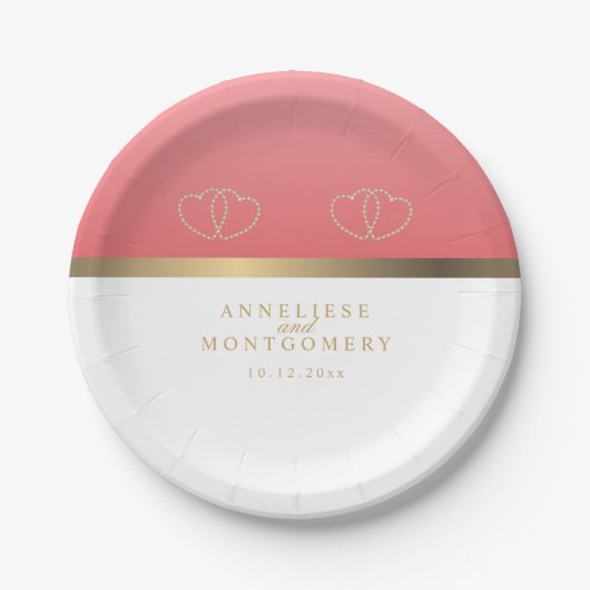 Koraal en wit met gouden harten papieren bordje (Voorkant)