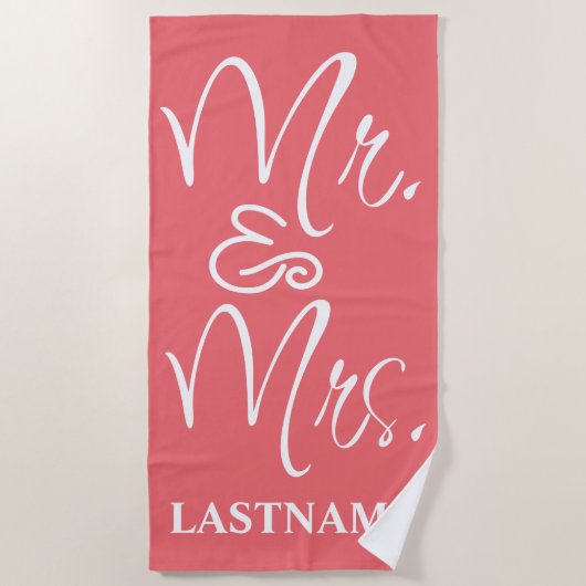 Koraal en wit Mr en Mrs Monogram Strandlaken (Voorkant)