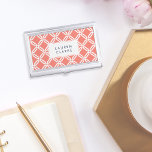 Koraal en wit Octagon Link Lattice Pattern Visitekaarthouder<br><div class="desc">Draag uw visitekaartjes in een klassieke stijl met ons gepersonaliseerde hoesje. Het ontwerp van de preppy kenmerkt een geometrisch octagonaal patroon van het verbindingsrooster in wit op zonnige koraalperziken. Voeg een naam, een monogram of een bedrijfsnaam toe in het corresponderende blauw van de marine voor een gepolijst, professioneel uiterlijk. Het...</div>