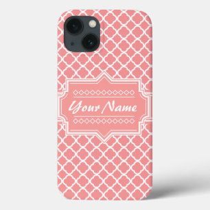 Koraal en wit Quatrefoil Lattice Specialized Case-Mate iPhone Case