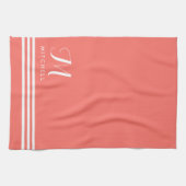 Koraal en wit, verfijnde strips en monogram theedoek (Horizontaal)