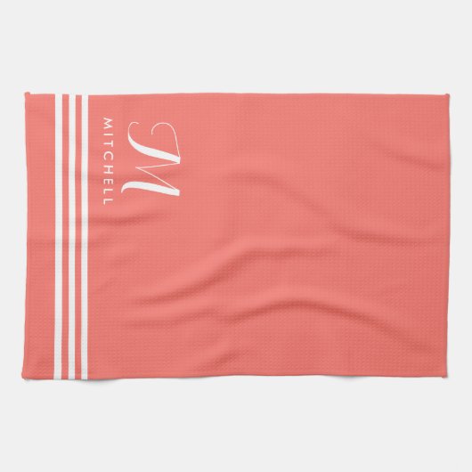 Koraal en wit, verfijnde strips en monogram theedoek (Horizontaal)