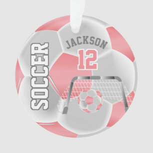Koraal en wit Voetbal personaliseren Ornament