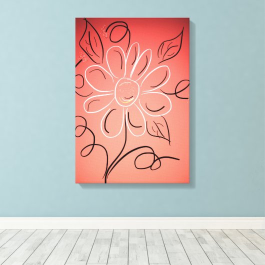 Koraal en witte bloemige muur canvas afdruk (Insitu (Houten vloer))