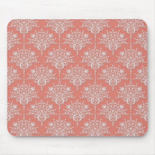 Koraal en witte elegante bloemendamask muismat (Voorkant)