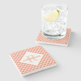 Koraal en Witte Geometrische Moderne Monogram Stenen Onderzetter