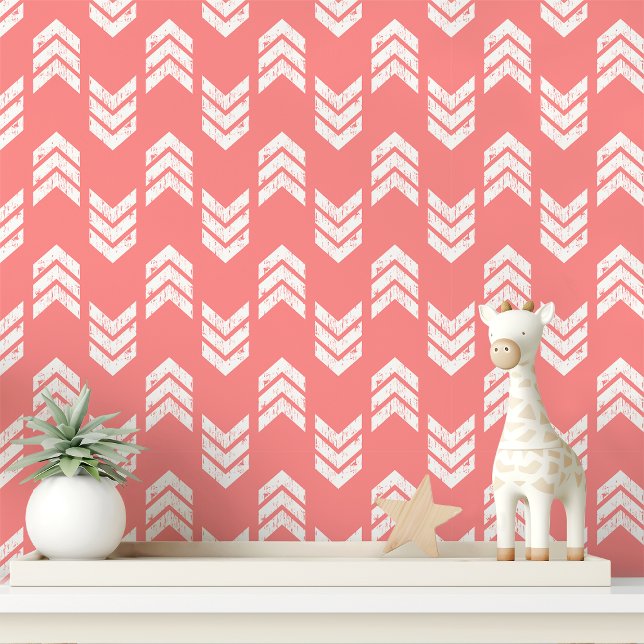 Koraal En Witte Moderne Getextureerde Chevron Pijl Behang (Creator heeft geüpload)