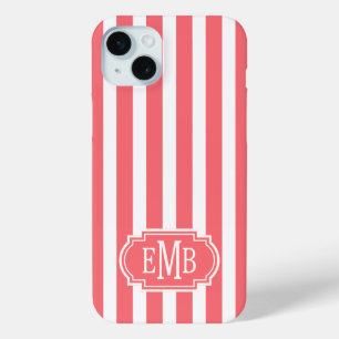 Koraal en witte monogramstrepen iPhone 15 mini hoesje