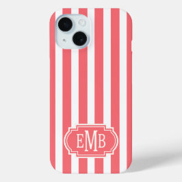 Koraal en witte monogramstrepen iPhone 15 case