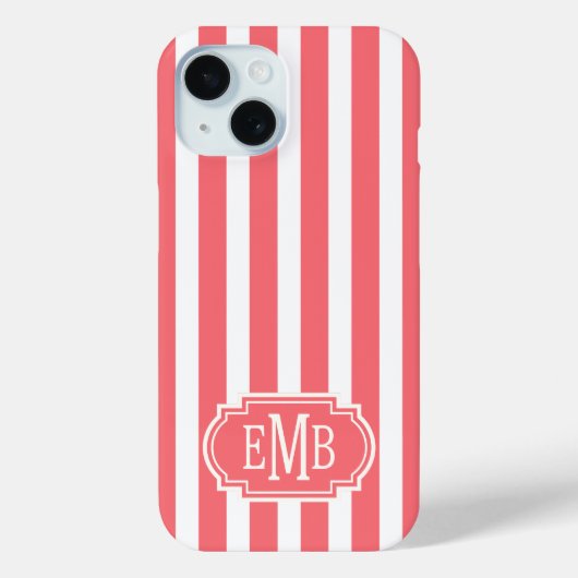 Koraal en witte monogramstrepen Case-Mate iPhone case (Achterkant)