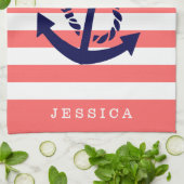 koraal en witte strepen blauw nautisch anker theedoek (Gevouwen)