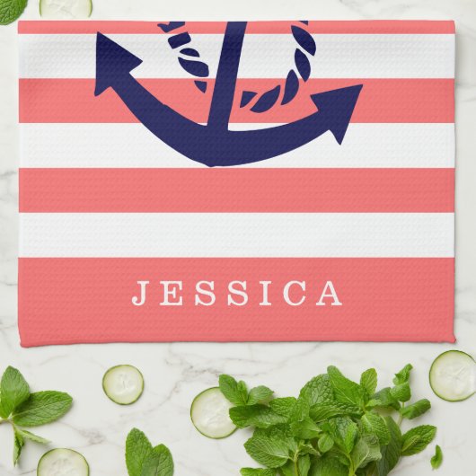koraal en witte strepen blauw nautisch anker theedoek (Gevouwen)