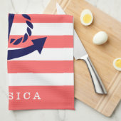 koraal en witte strepen blauw nautisch anker theedoek (Quarter Fold)