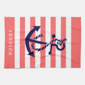 koraal en witte strepen blauw nautisch anker theedoek (Horizontaal)