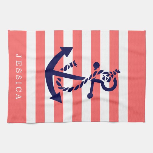 koraal en witte strepen blauw nautisch anker theedoek (Horizontaal)