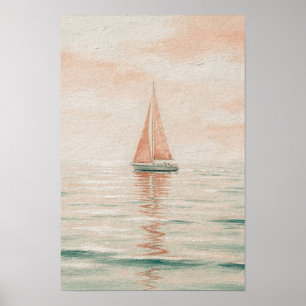 Koraal en Zeeglas Zeilboot Kust Muurkunst Poster