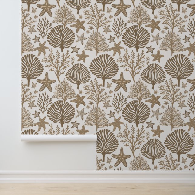 Koraal en zeesterren neutraal toonpatroon behang (Applicatie)