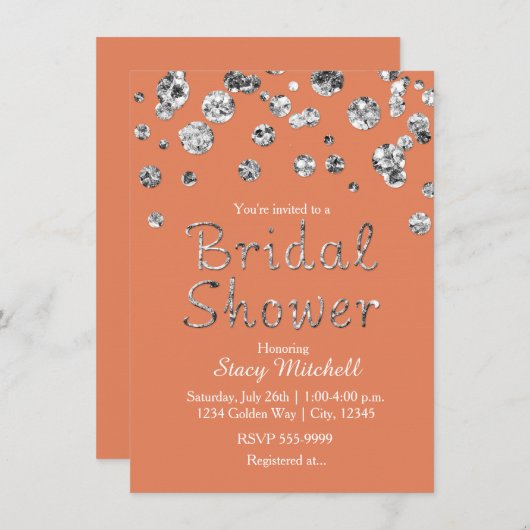 Koraal en zilver glitter bruids douche uitnodiging (Voorkant / Achterkant)