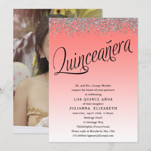 Koraal en zilver Quinceanera foto uitnodiging