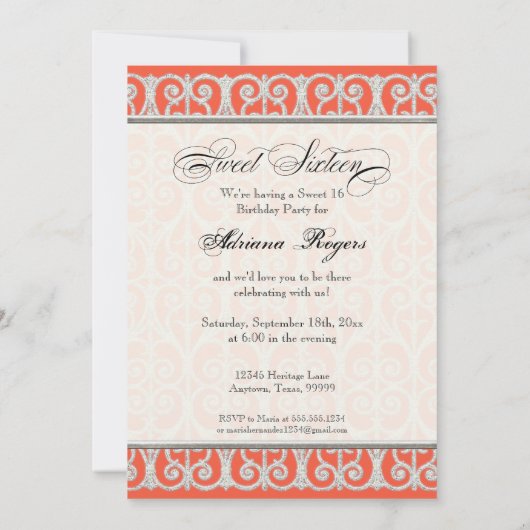 Koraal en zilverdiamanten en kant, zoet zestien 16 kaart (Achterkant)