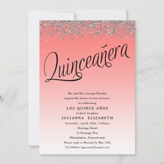 Koraal en Zilveren Quinceanera Verjaardag Uitnodig Kaart (Voorkant)