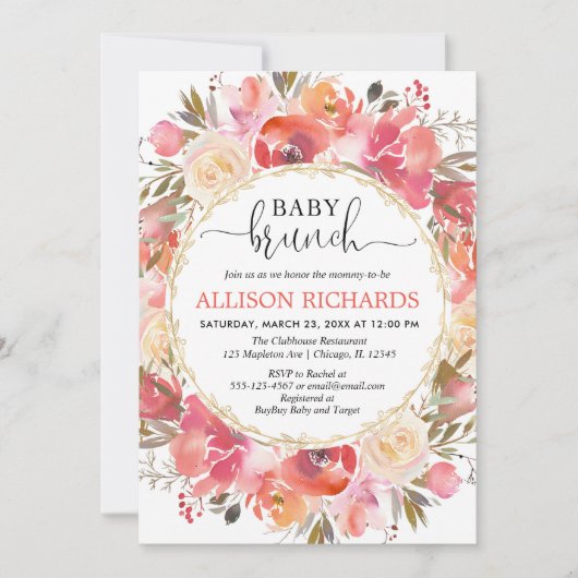 Koraal en zwart roze meisje baby brunch douche kaart (Voorkant)