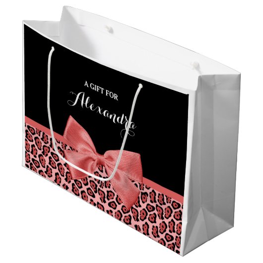 Koraal- en zwarte jaguar-printplaat met naam groot cadeauzakje (Voorkant Gekanteld)