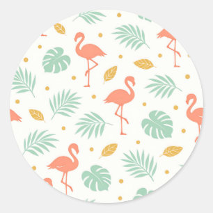 Koraal Flamingo Tropisch Blad Patroon Ronde Sticker