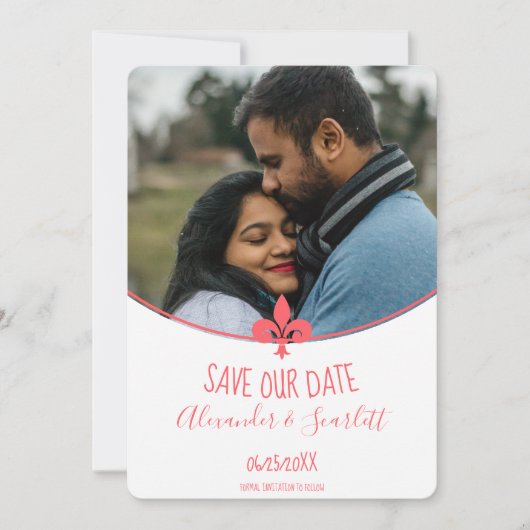 Koraal Fleur de Lis Foto Bewaar de Datum Aankondiging (Voorkant)