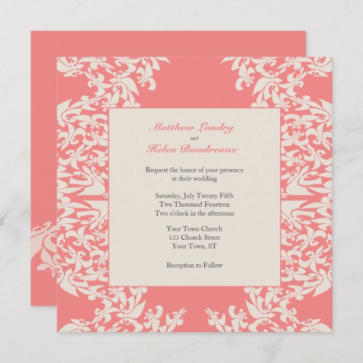 Koraal Fleur de Lis Modern Wedding Kaart (Voorkant / Achterkant)