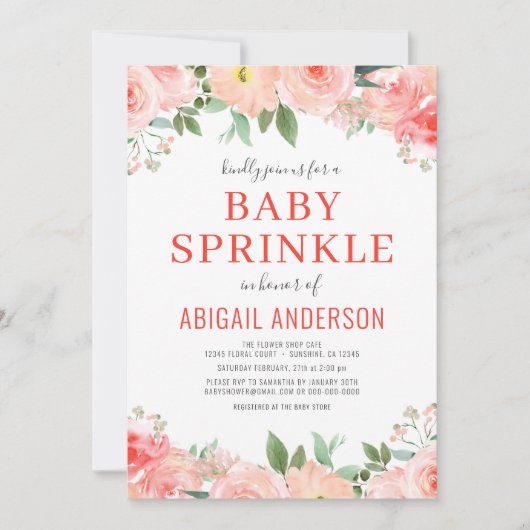Koraal Floral Baby Sprinkle Peach Waterverf Kaart (Voorkant)