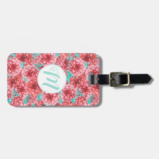 Koraal Floral Patroon en Monogram Bagagelabel (Voorkant horizontaal)