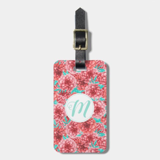 Koraal Floral Patroon en Monogram Bagagelabel (Voorkant verticaal)