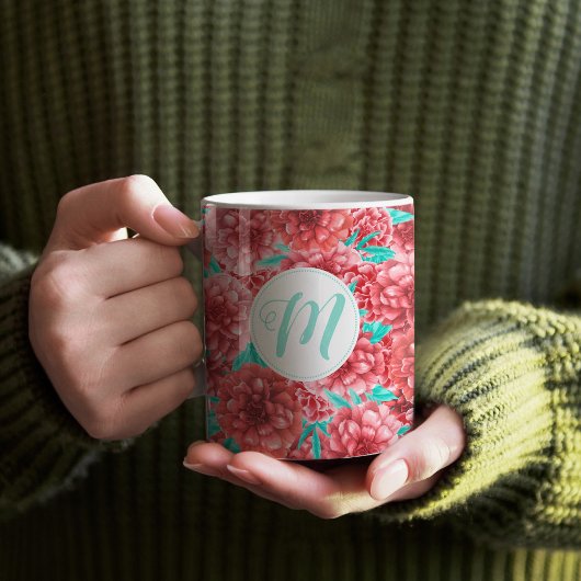 Koraal Floral Patroon en Monogram Koffiemok