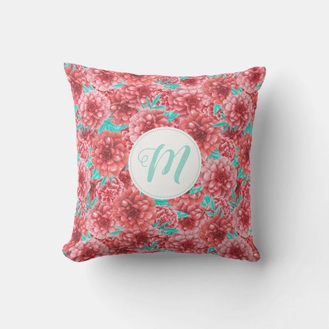 Koraal Floral Patroon en Monogram Kussen (Voorkant)