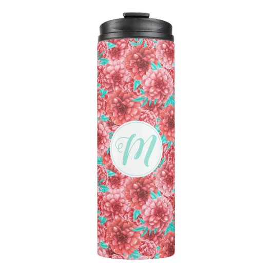 Koraal Floral Patroon en Monogram Thermosbeker (Voorkant)