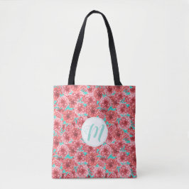 Koraal Floral Patroon en Monogram Tote Bag