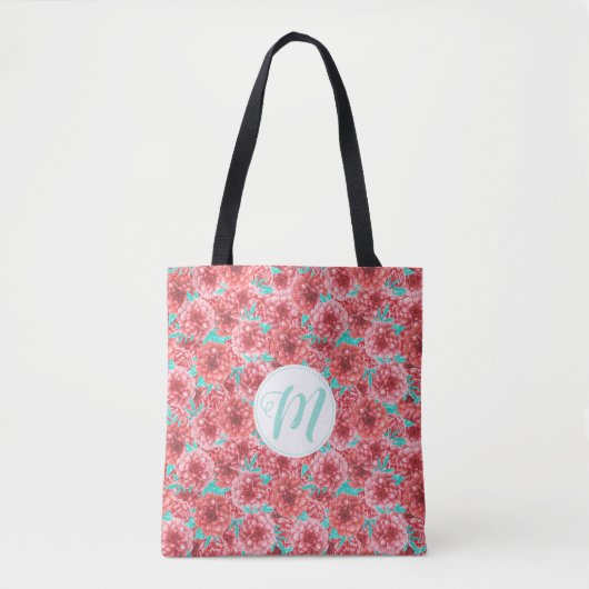 Koraal Floral Patroon en Monogram Tote Bag (Voorkant)